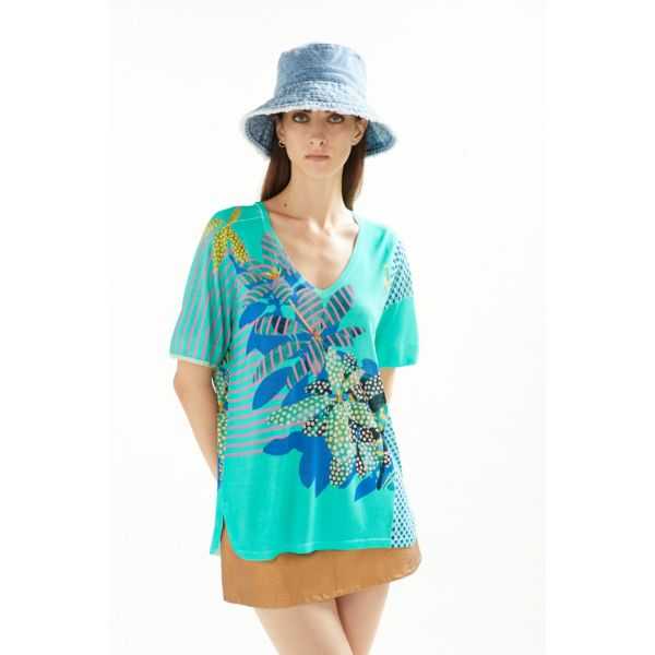 Oversize V neck sweater with Plants and Pois print double use