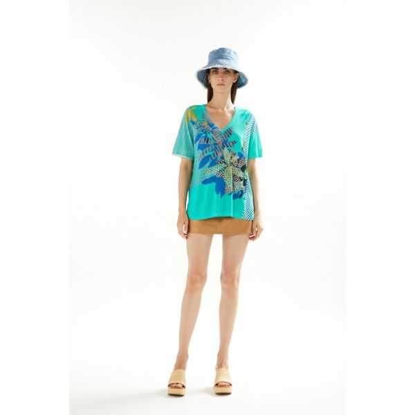 Maglia scollo a V Oversize con stampa Plants e Pois double use