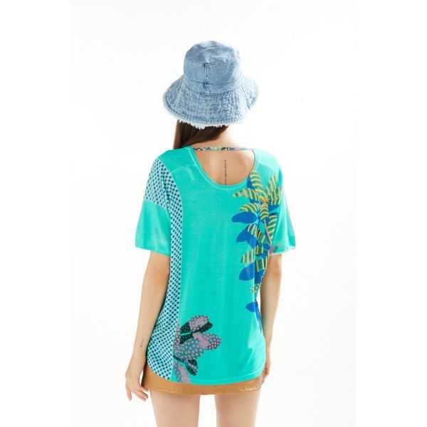 Oversize V neck sweater with Plants and Pois print double use