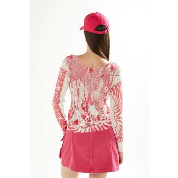 Pointelle boat neck sweater with long sleeves and Ceramic print double use