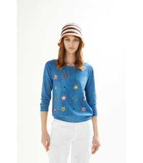 Boat neck sweater with 3/4 sleeves Jeans print and applications