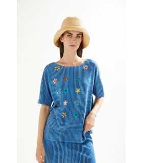 Oversize Boat neck sweater with short sleeves Jeans print and applications