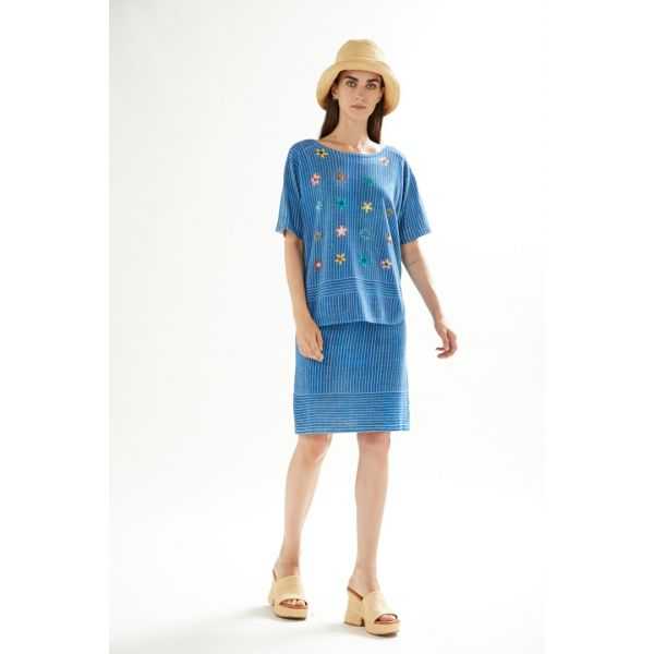 Oversize Boat neck sweater with short sleeves Jeans print and applications