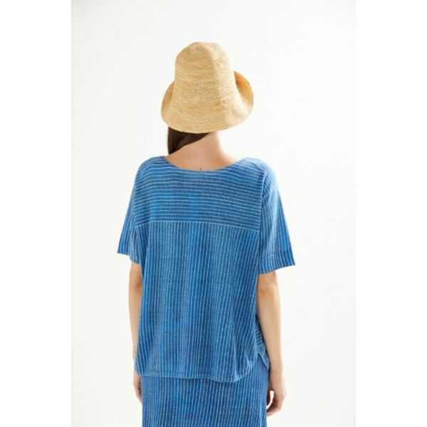 Oversize Boat neck sweater with short sleeves Jeans print and applications