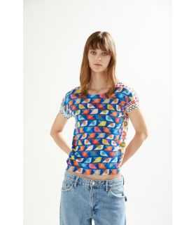 Boat neck sweater with short sleeves and Fun print double use