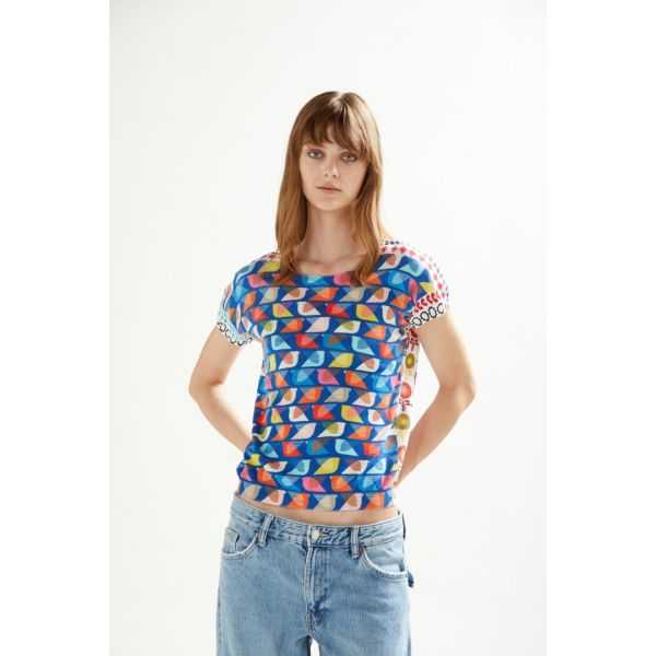 Boat neck sweater with short sleeves and Fun print double use