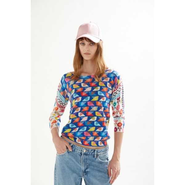 Boat neck sweater with 3/4 sleeves Fun print double use