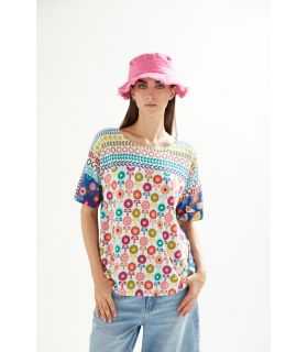 Oversize boat neck short sleeves sweater with Fun print double use