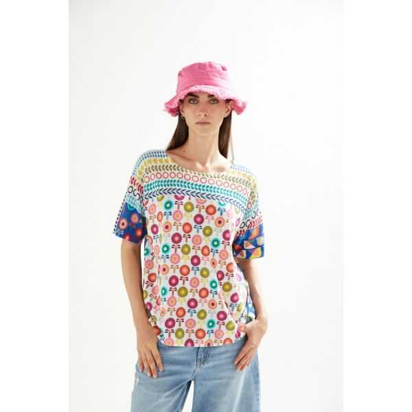 Oversize boat neck short sleeves sweater with Fun print double use