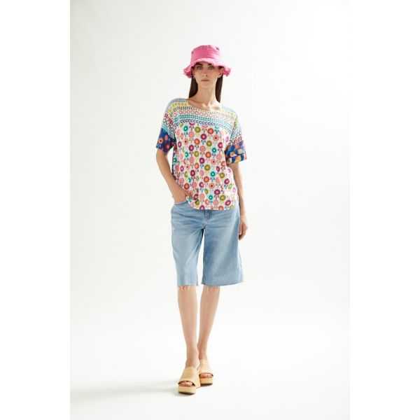 Oversize boat neck short sleeves sweater with Fun print double use