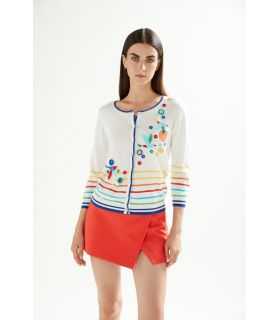 Crewneck jacket with 3/4 sleeves, felt applications and multicolor stripes