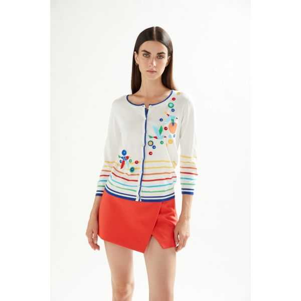 Crewneck jacket with 3/4 sleeves, felt applications and multicolor stripes