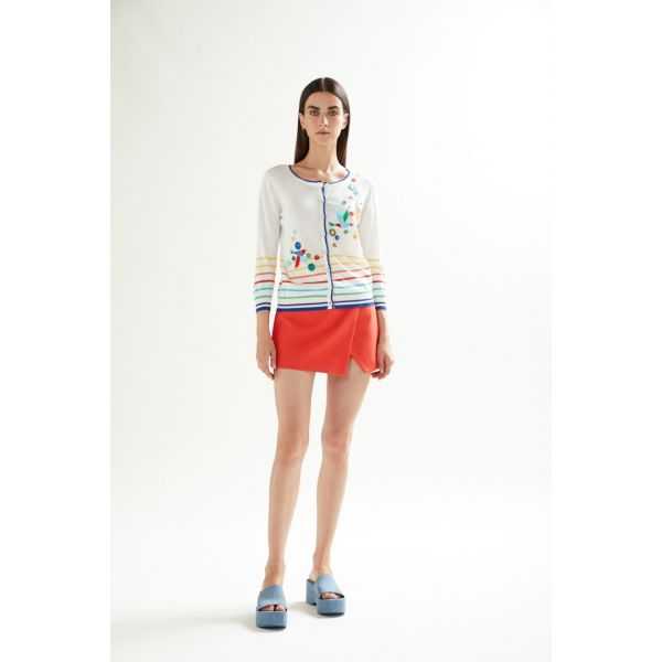 Crewneck jacket with 3/4 sleeves, felt applications and multicolor stripes