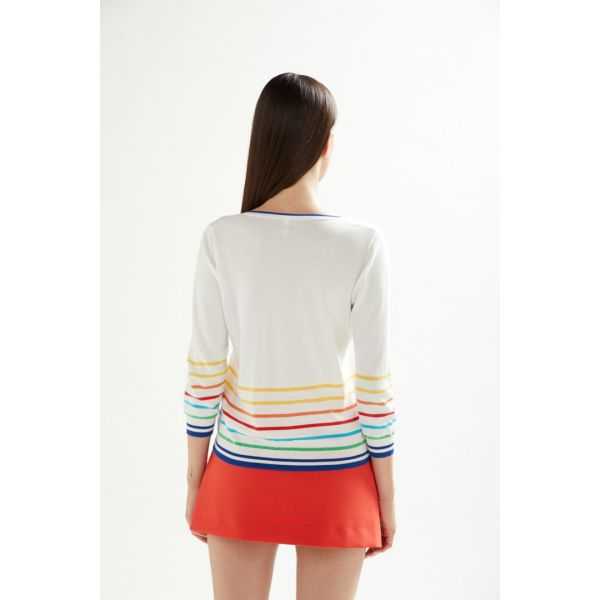 Crewneck jacket with 3/4 sleeves, felt applications and multicolor stripes