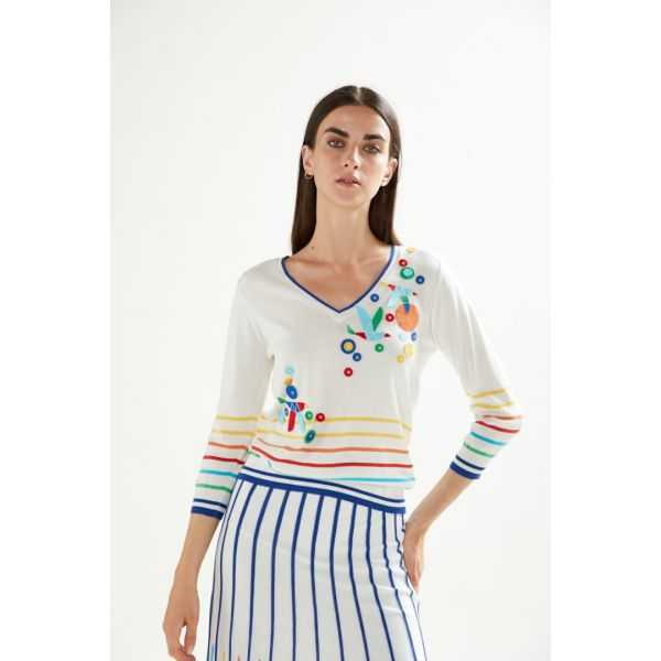 V neck sweater with felt applications and multicolor stripes