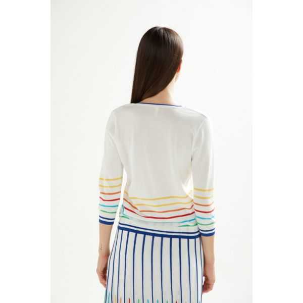 V neck sweater with felt applications and multicolor stripes