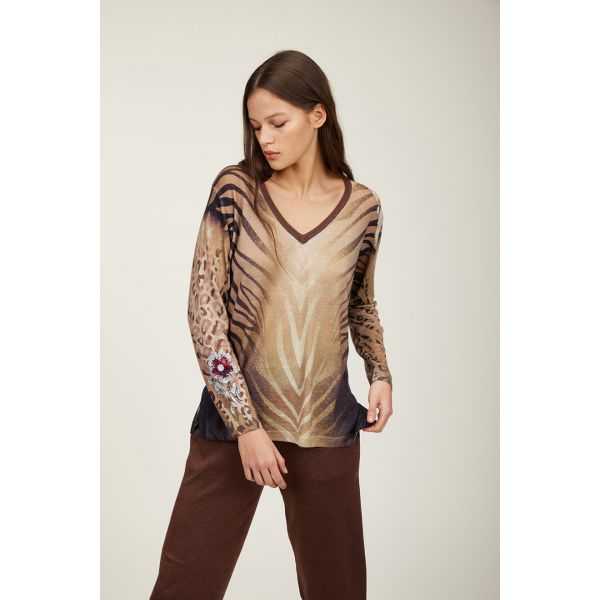 Oversize v neck sweater with Animalier print