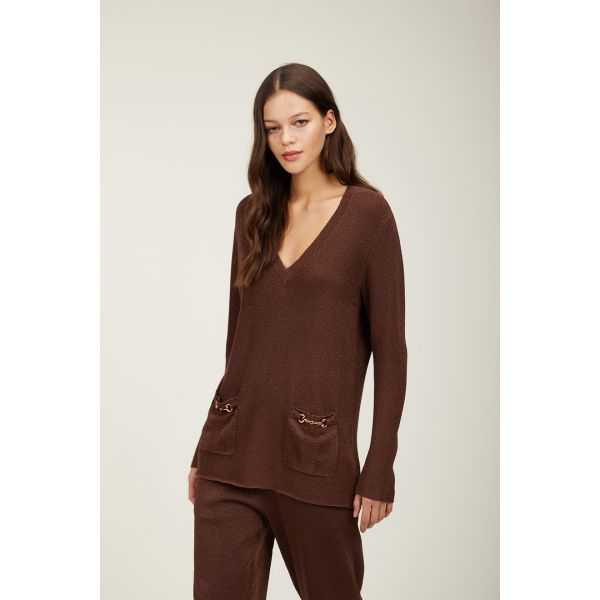 Maglia scollo a v con morsetti lurex su tasche
