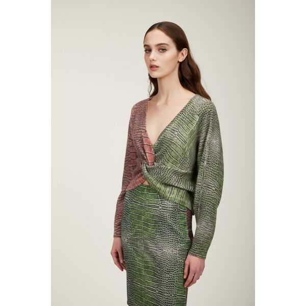 Maglia scollo a v oversize con nodo e stampa Cocco bicolor