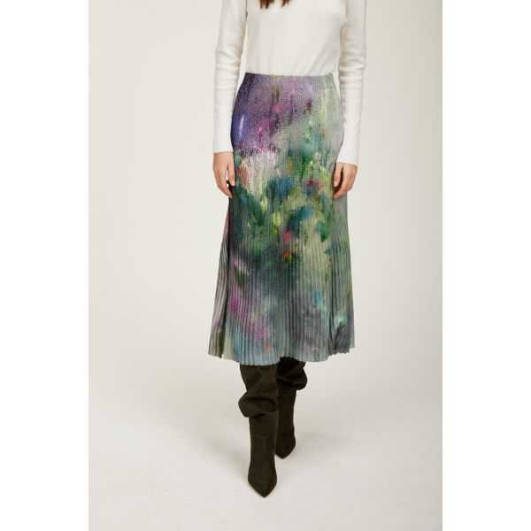 Pleated long skirt with Rugiada Print double use
