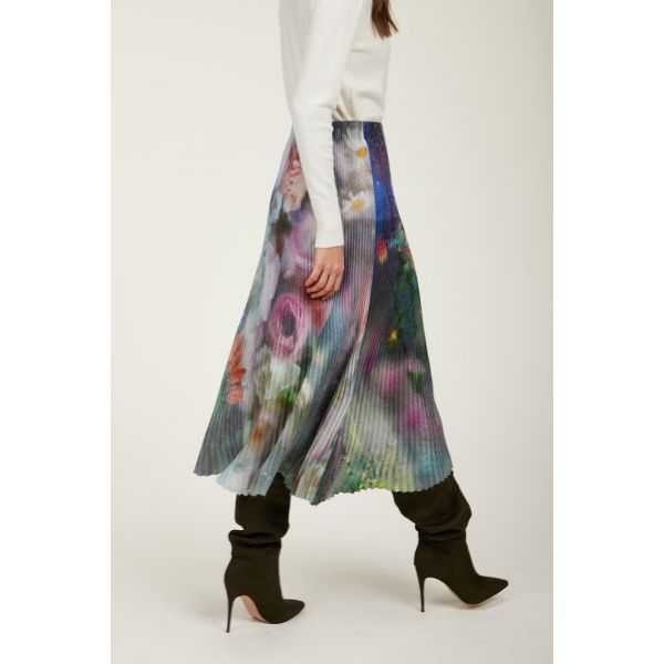Pleated long skirt with Rugiada Print double use