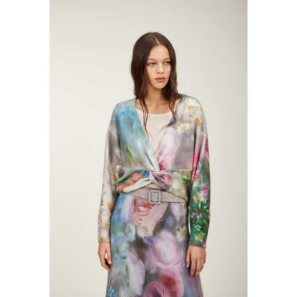 Maglia scollo a v oversize con nodo e stampa Rugiada