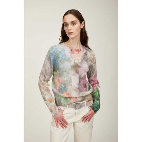 Pointelle crewneck sweater with Rugiada print double use