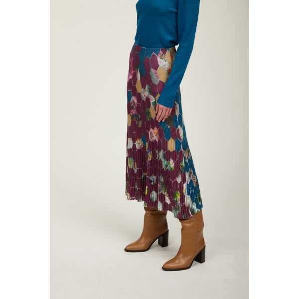 Pleated long skirt with Esagoni print double use