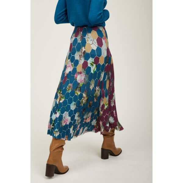 Pleated long skirt with Esagoni print double use