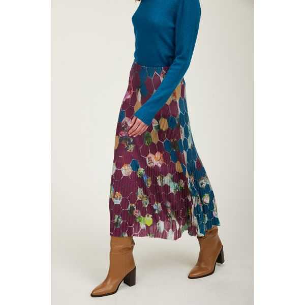 Pleated long skirt with Esagoni print double use