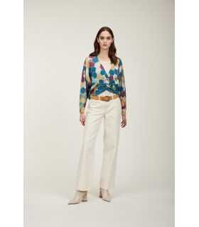 Maglia scollo a v oversize con nodo e stampa Esagoni