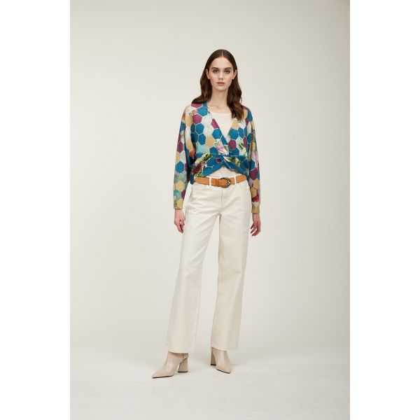 Maglia scollo a v oversize con nodo e stampa Esagoni
