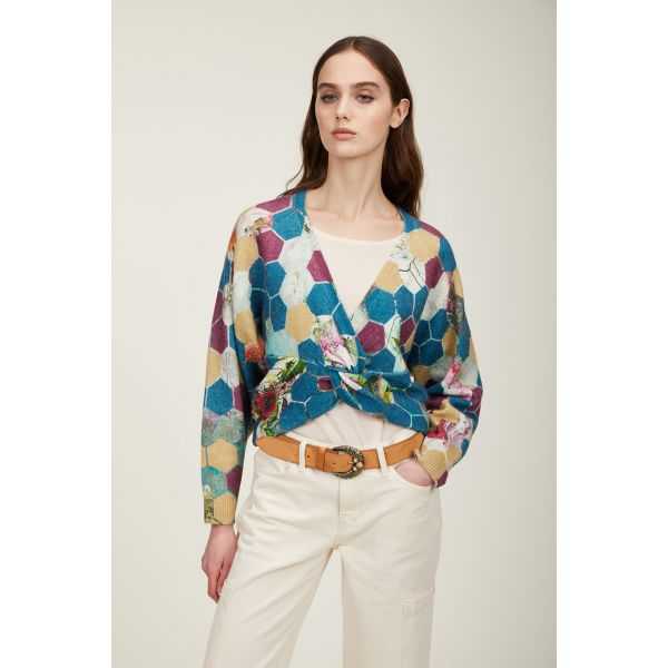 Maglia scollo a v oversize con nodo e stampa Esagoni