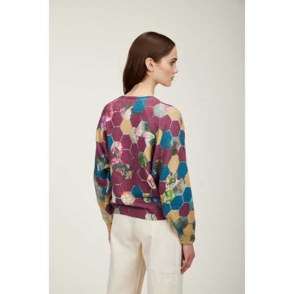 Maglia scollo a v oversize con nodo e stampa Esagoni