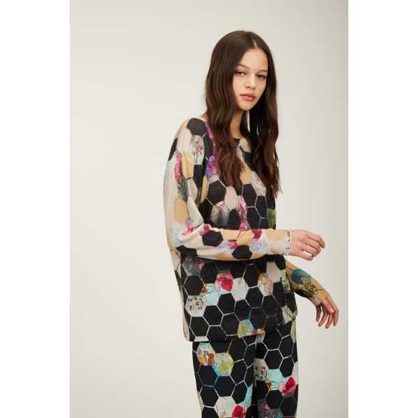 Maglia girocollo oversize con stampa Esagoni double use