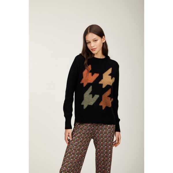 Crewneck sweater with maxi pied de poul inlay