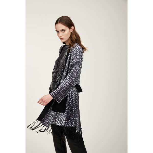Long cardigan with fringes and Cocco black print