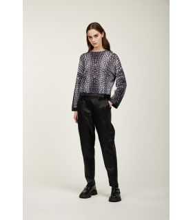 Maglia girocollo con bordi in pelle e stampa Cocco black