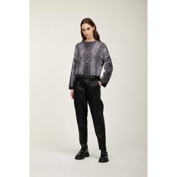 Maglia girocollo con bordi in pelle e stampa Cocco black