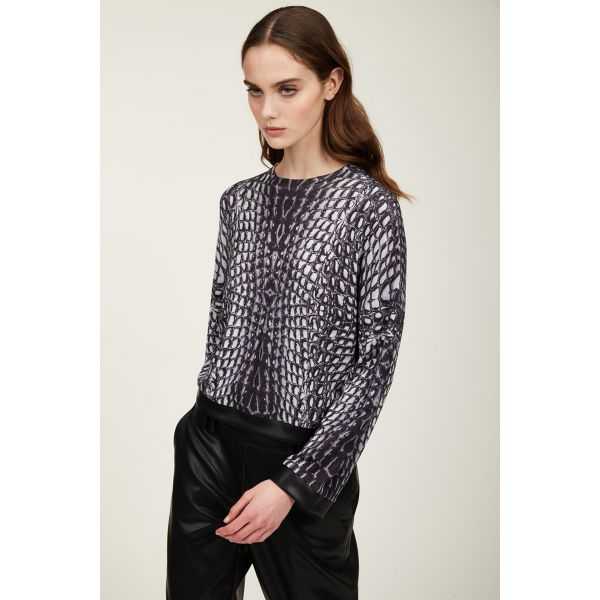 Maglia girocollo con bordi in pelle e stampa Cocco black