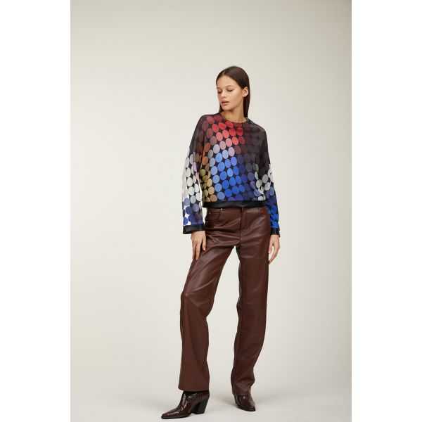crewneck sweater with leather trims and double use Dots print