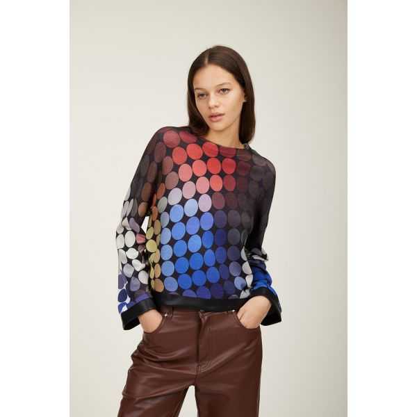crewneck sweater with leather trims and double use Dots print