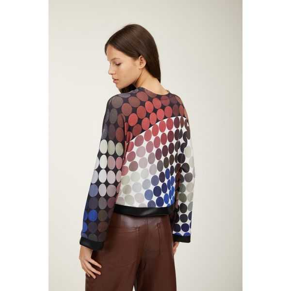 crewneck sweater with leather trims and double use Dots print