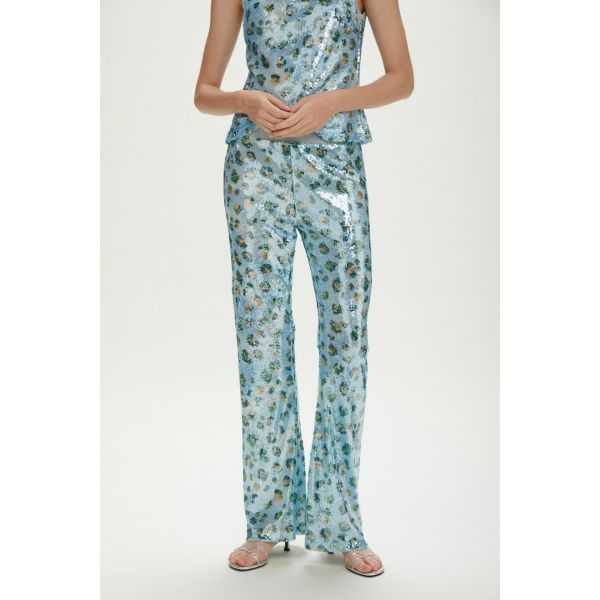 Pantaloni svasati con paillettes e stampa Animalier
