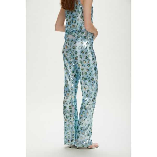 Pantaloni svasati con paillettes e stampa Animalier