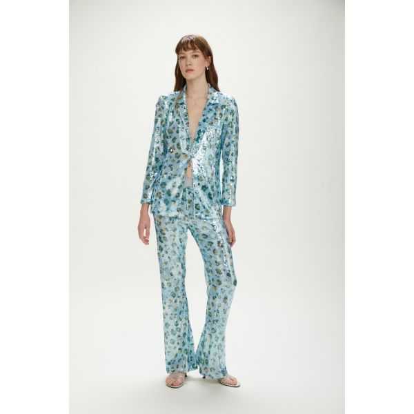 Pantaloni svasati con paillettes e stampa Animalier