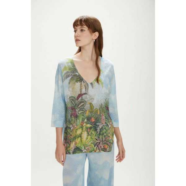 Oversized V neck sweater with Jungle print double use