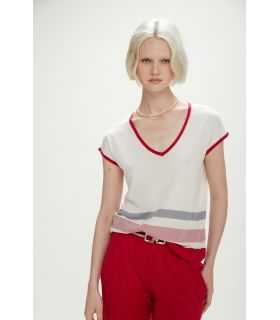 Short sleeve sweater with colorful stripes
