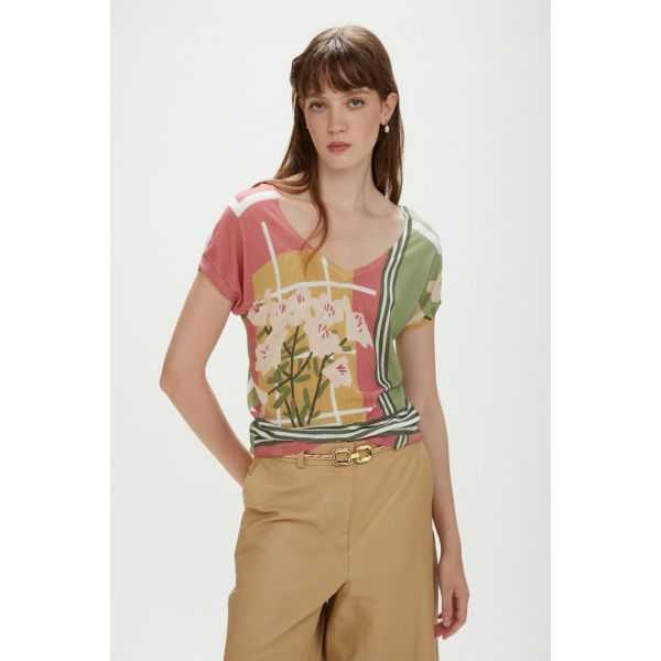Short-sleeve V-neck top with print double use