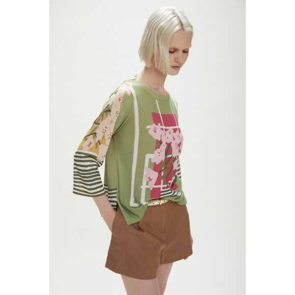 Boat neck oversized top with print double-use